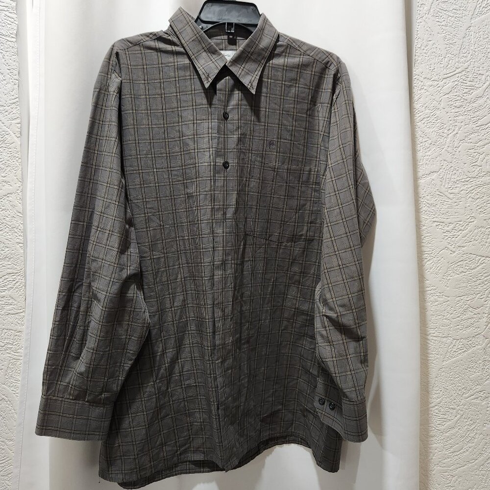 Paco Rabanne Paris men's button down grey brown plaid shirt